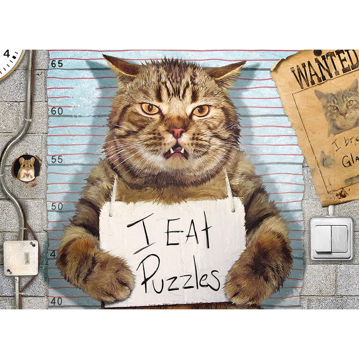 EuroGraphics Feline Felon cat mug-shot puzzle image, ideal for lighthearted family game nights.