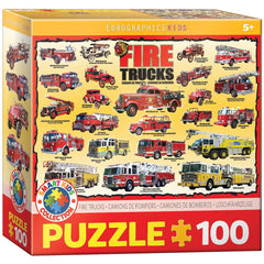 EuroGraphics Fire Trucks box showing 100-piece puzzle set for kids' learning and play.