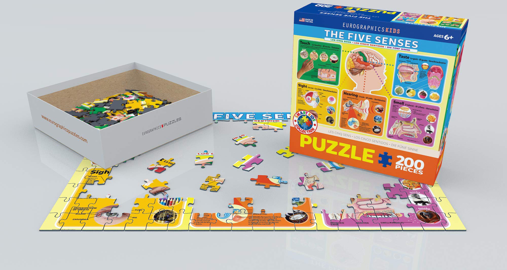 EuroGraphics Five Senses puzzle finished 13x19 inches, reveals senses-themed artwork.