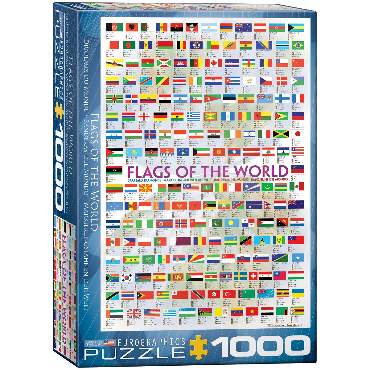 EuroGraphics Flags of the World puzzle box showcases a 1000-piece challenge for family game night.