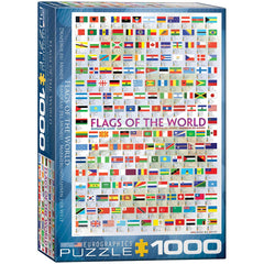 EuroGraphics Flags of the World puzzle box showcases a 1000-piece challenge for family game night.