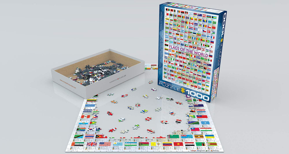 EuroGraphics Flags of the World puzzle pieces shown, offering precise fits and replay potential.