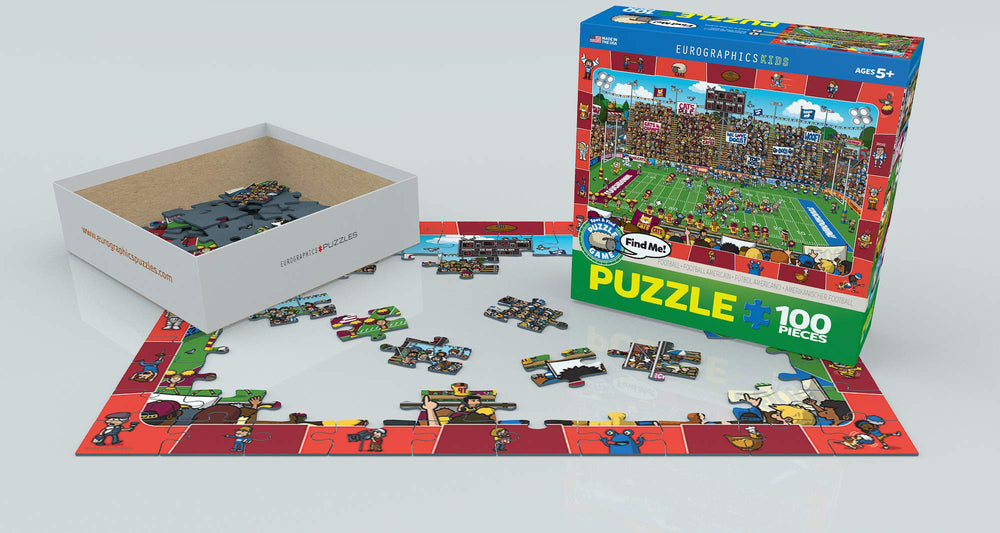 EuroGraphics Football Spot & Find puzzle finished size demonstrated, portable 13 x 19 inches for on-the-go activity.