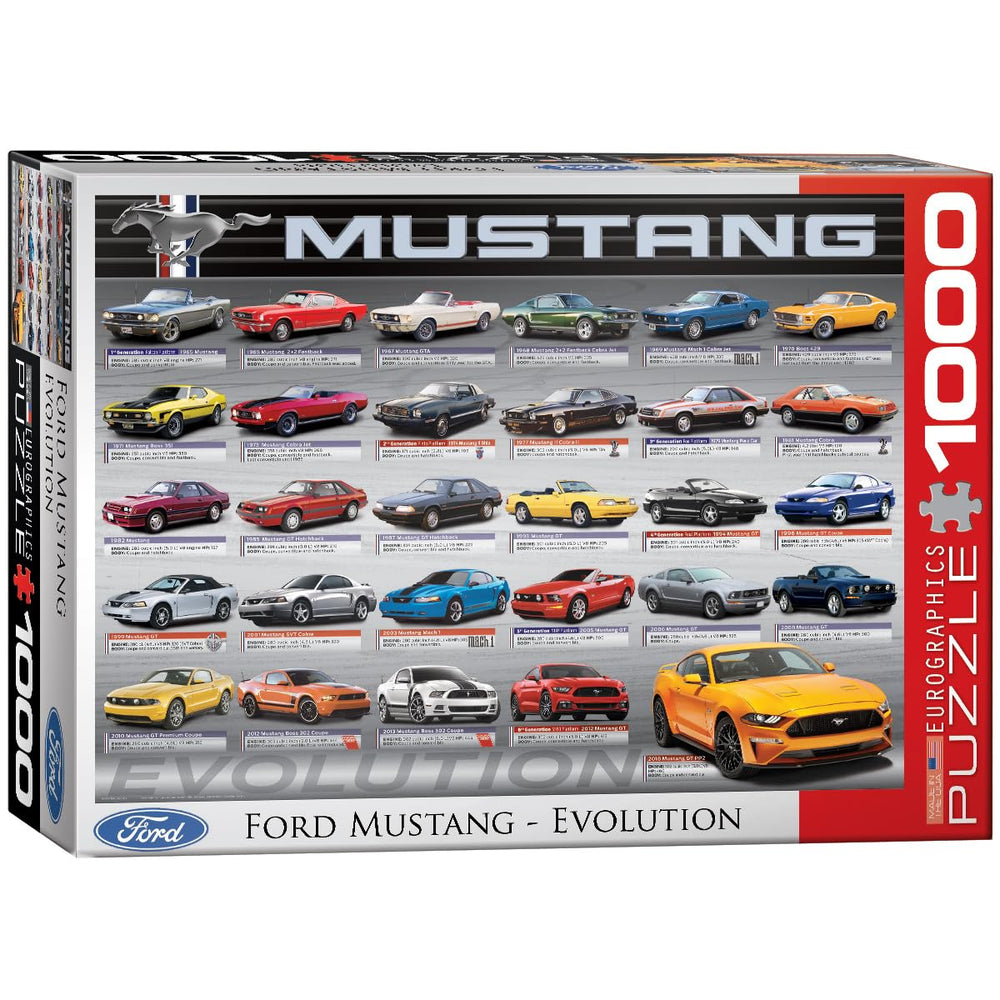 EuroGraphics Ford Mustang Evolution puzzle box front, featuring the 1000-piece set, ideal for car enthusiasts.