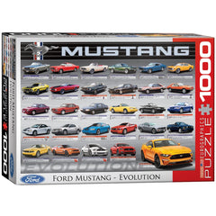 EuroGraphics Ford Mustang Evolution puzzle box front, featuring the 1000-piece set, ideal for car enthusiasts.
