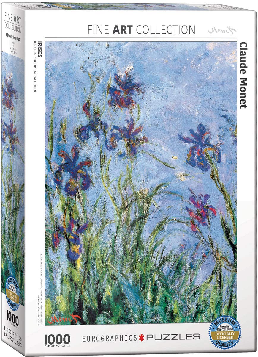 EuroGraphics Irises Monet puzzle box opens to reveal a premium 1000-piece challenge