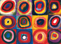 EuroGraphics Kandinsky Squares puzzle pieces spread out, challenging yet accessible for kids learning color and shape.
