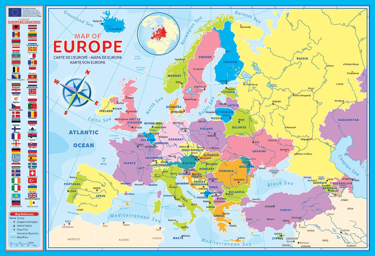 Close-up of EuroGraphics Map of Europe pieces showing vibrant colors and interlocking fit.