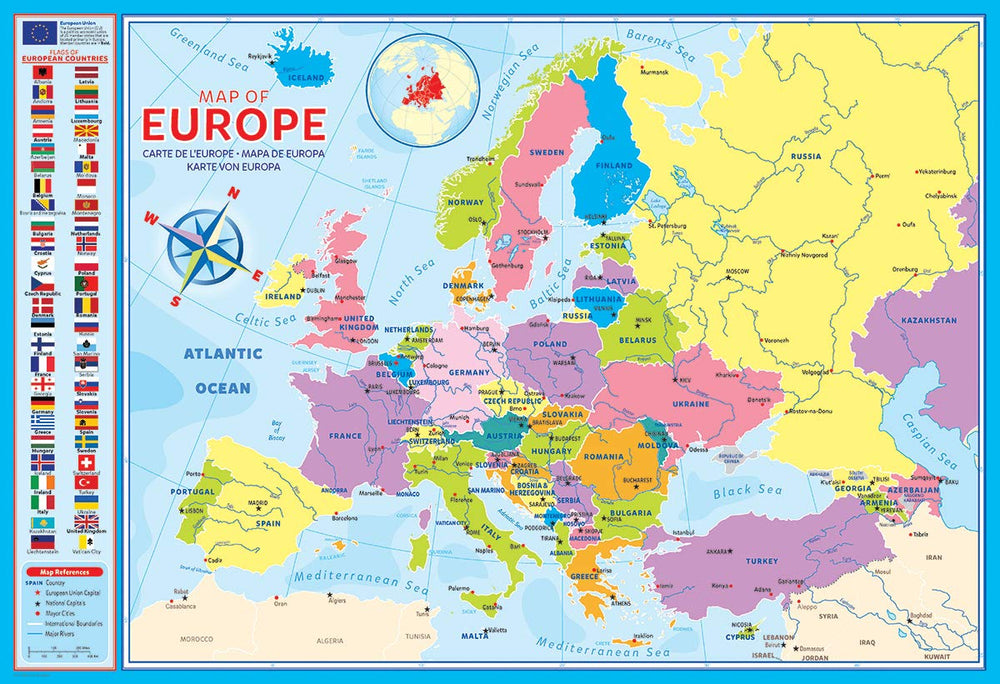 Close-up of EuroGraphics Map of Europe pieces showing vibrant colors and interlocking fit.