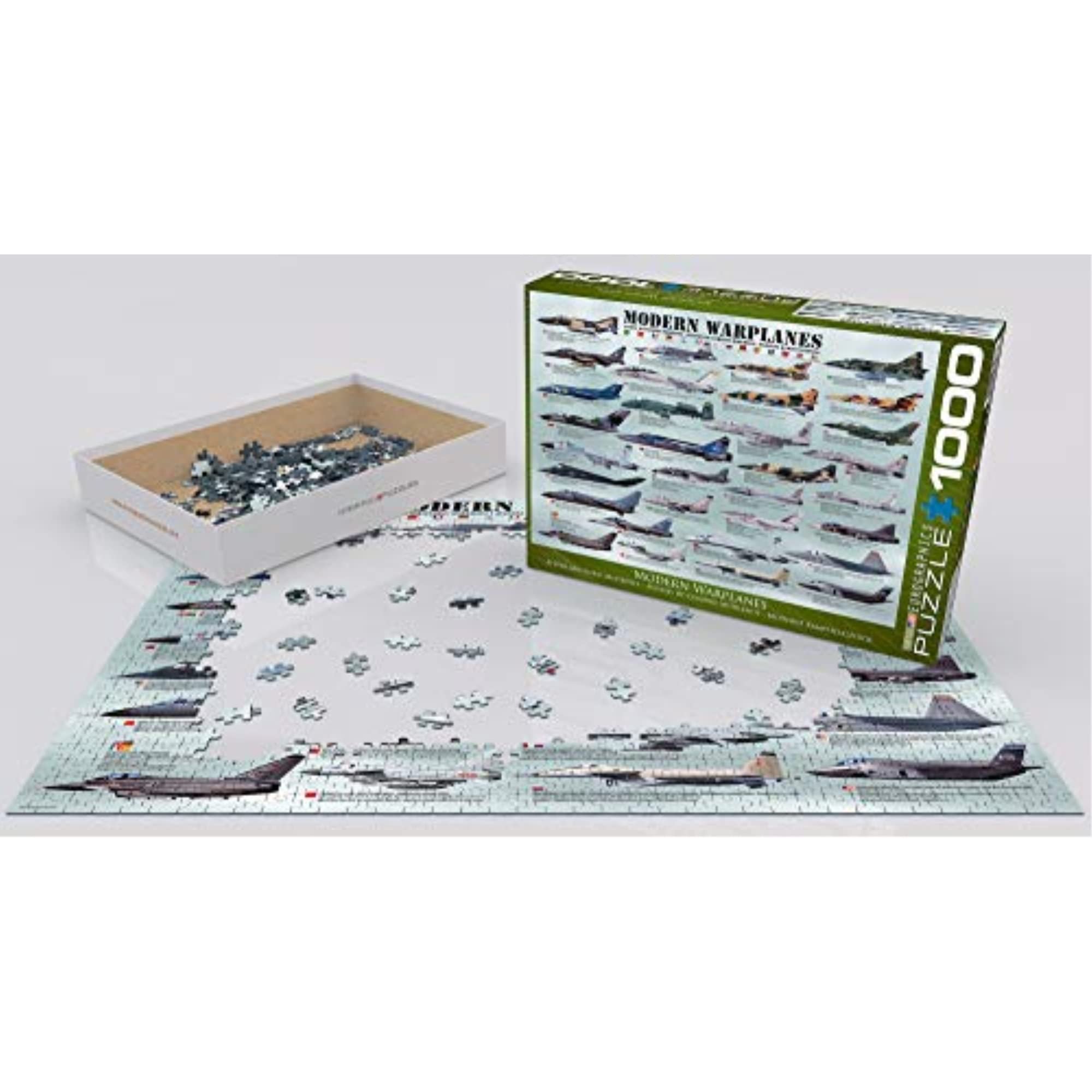 EuroGraphics Modern Warplanes finished puzzle showcasing 30+ aircraft and educational facts