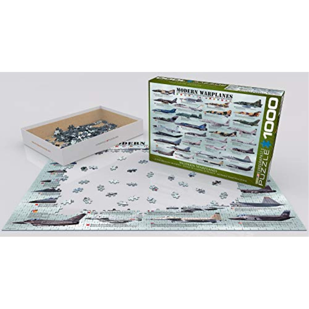 EuroGraphics Modern Warplanes finished puzzle showcasing 30+ aircraft and educational facts