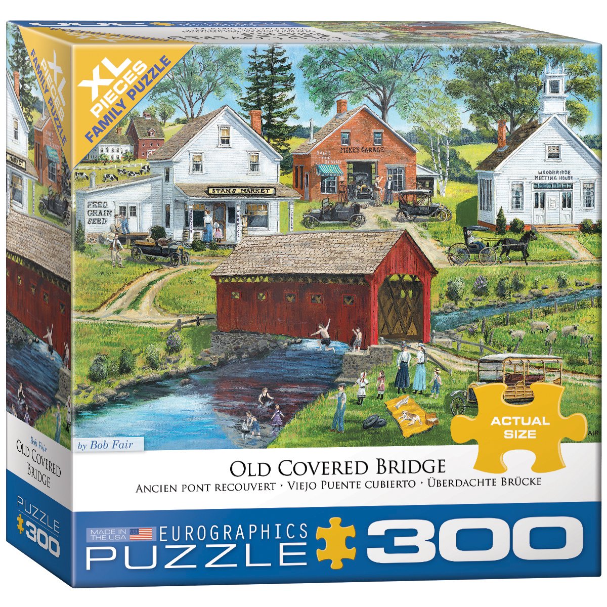 EuroGraphics Old Covered Bridge 300pc puzzle pieces scattered for family puzzle night.