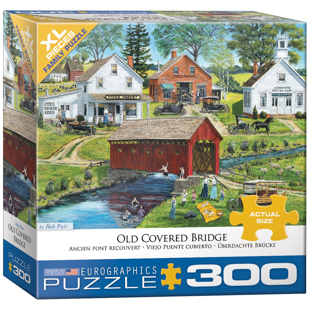 EuroGraphics Old Covered Bridge 300pc puzzle pieces scattered for family puzzle night.