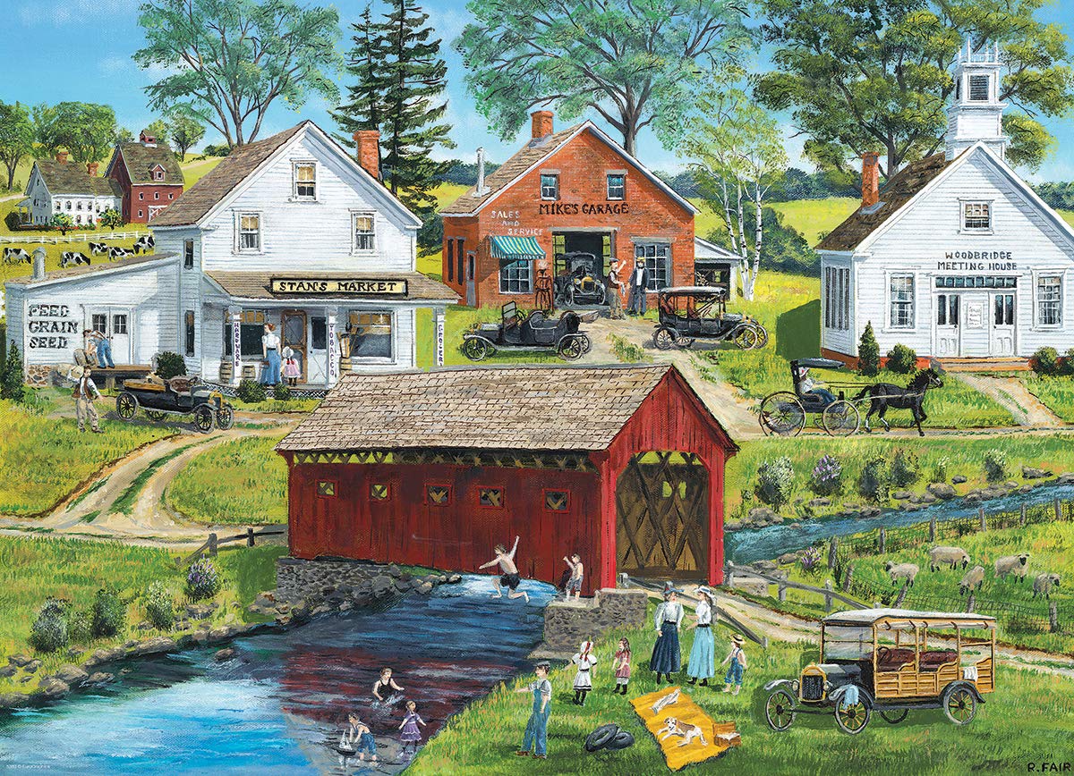 EuroGraphics old-covered-bridge puzzle box and pieces, ideal for collaborative build sessions.