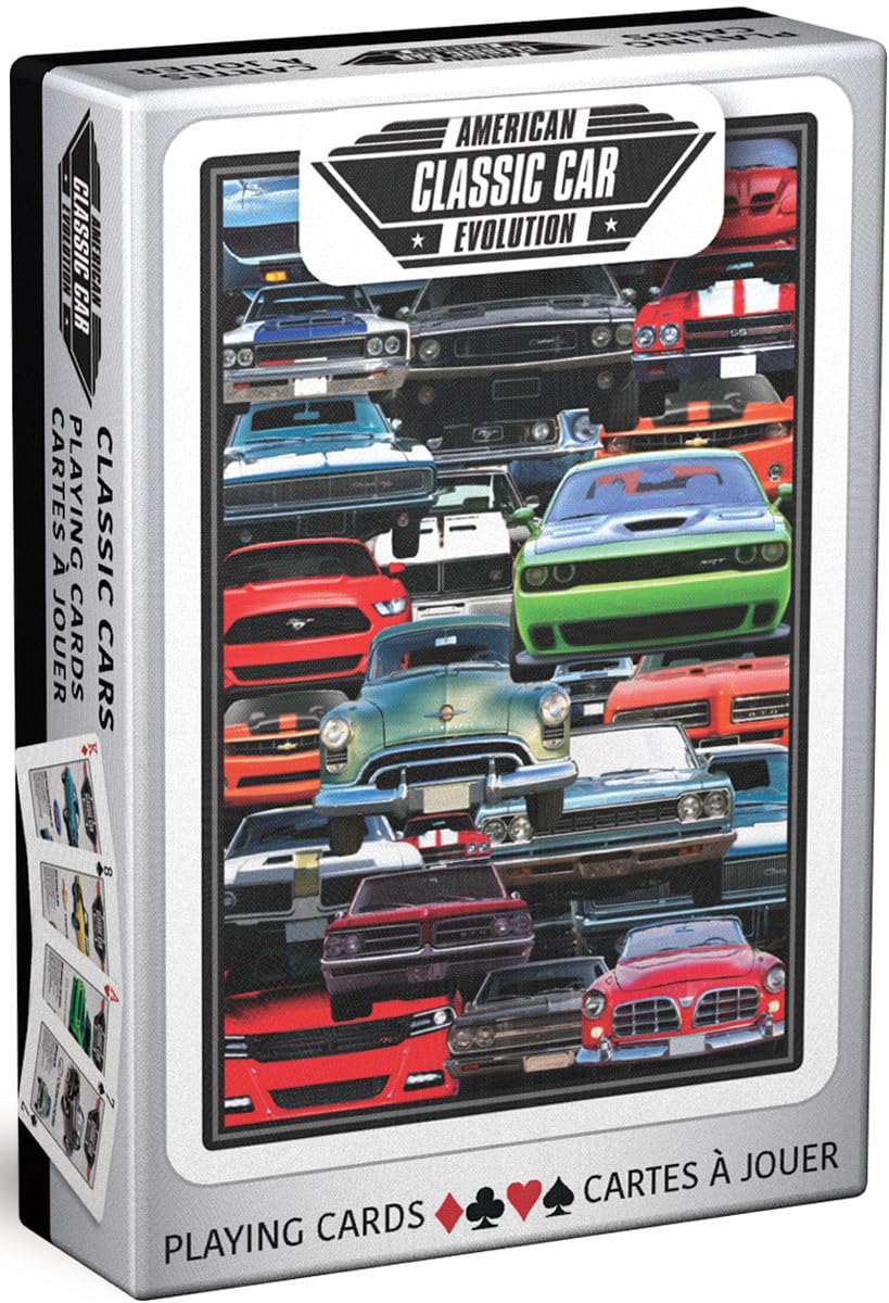 EuroGraphics PLAYNG Muscle Cards deck front with classic American muscle cars, ideal for collectors and casual play.