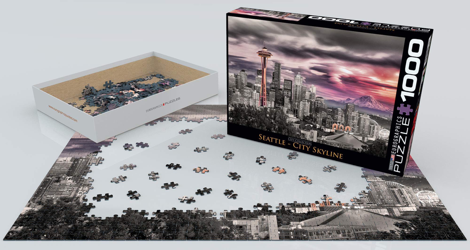 EuroGraphics Seattle Skyline Puzzle finished—large, immersive scene for family puzzle night.