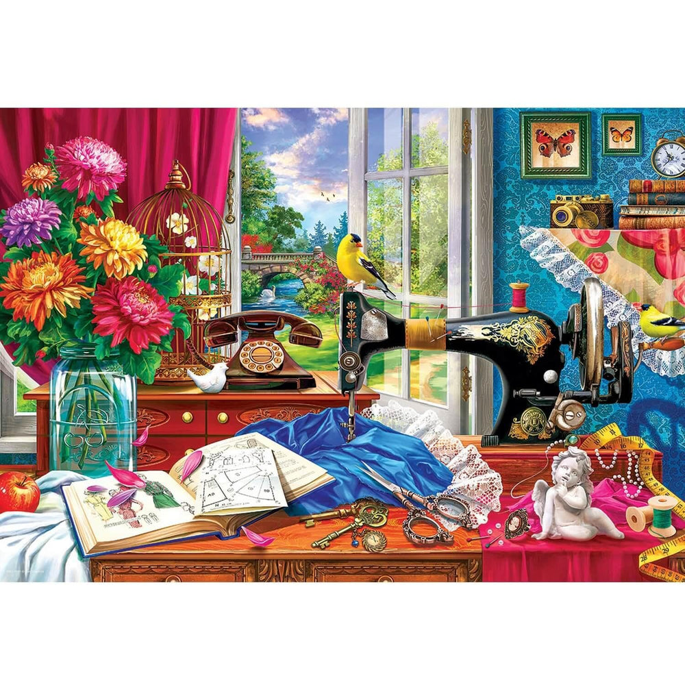 EuroGraphics tin puzzle features retro sewing studio details for mindful puzzle time.