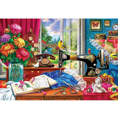 EuroGraphics tin puzzle features retro sewing studio details for mindful puzzle time.