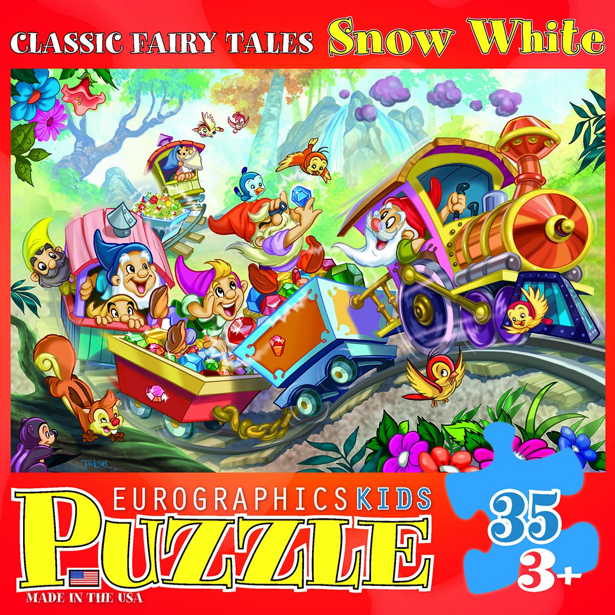 EuroGraphics Snow White dwarfs on train illustration invites imaginative play.