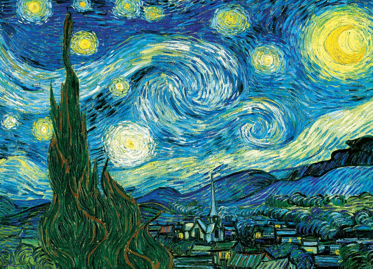 Finished Starry Night 100-piece puzzle measures 13 x 19 inches for display.