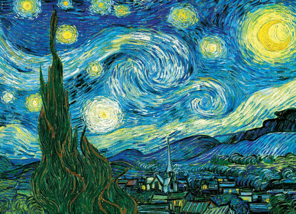 Finished Starry Night 100-piece puzzle measures 13 x 19 inches for display.