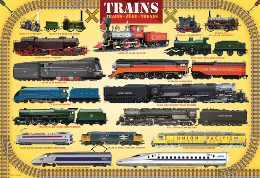 EuroGraphics Trains 100 Piece Puzzle steam locomotives, promotes fine motor skills and focus.