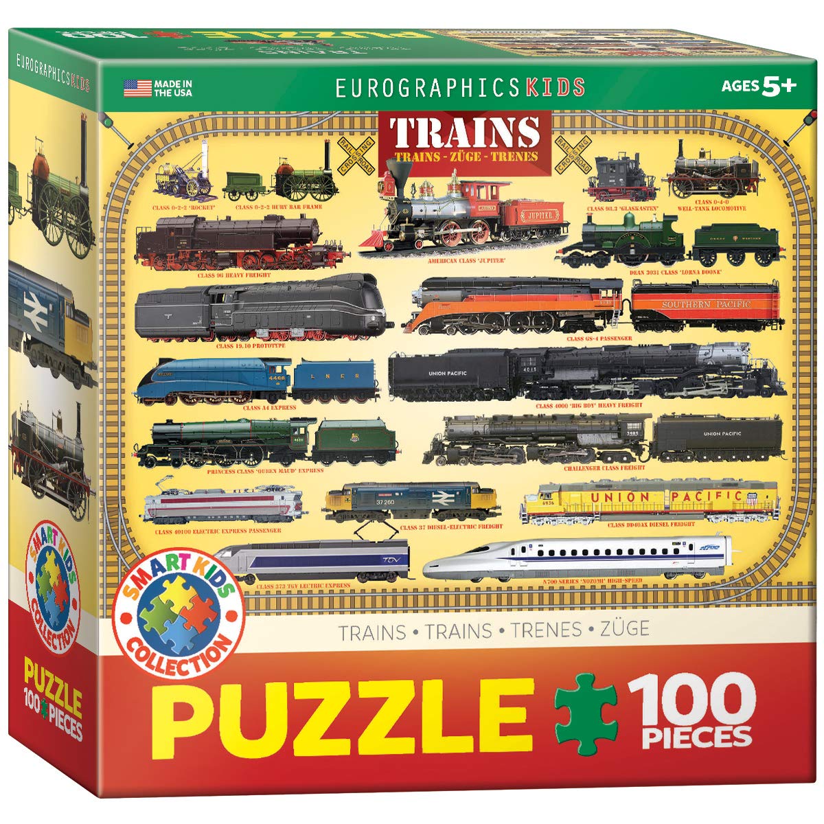 EuroGraphics Trains 100 Piece Puzzle box with locomotives, engaging family activity for all ages.