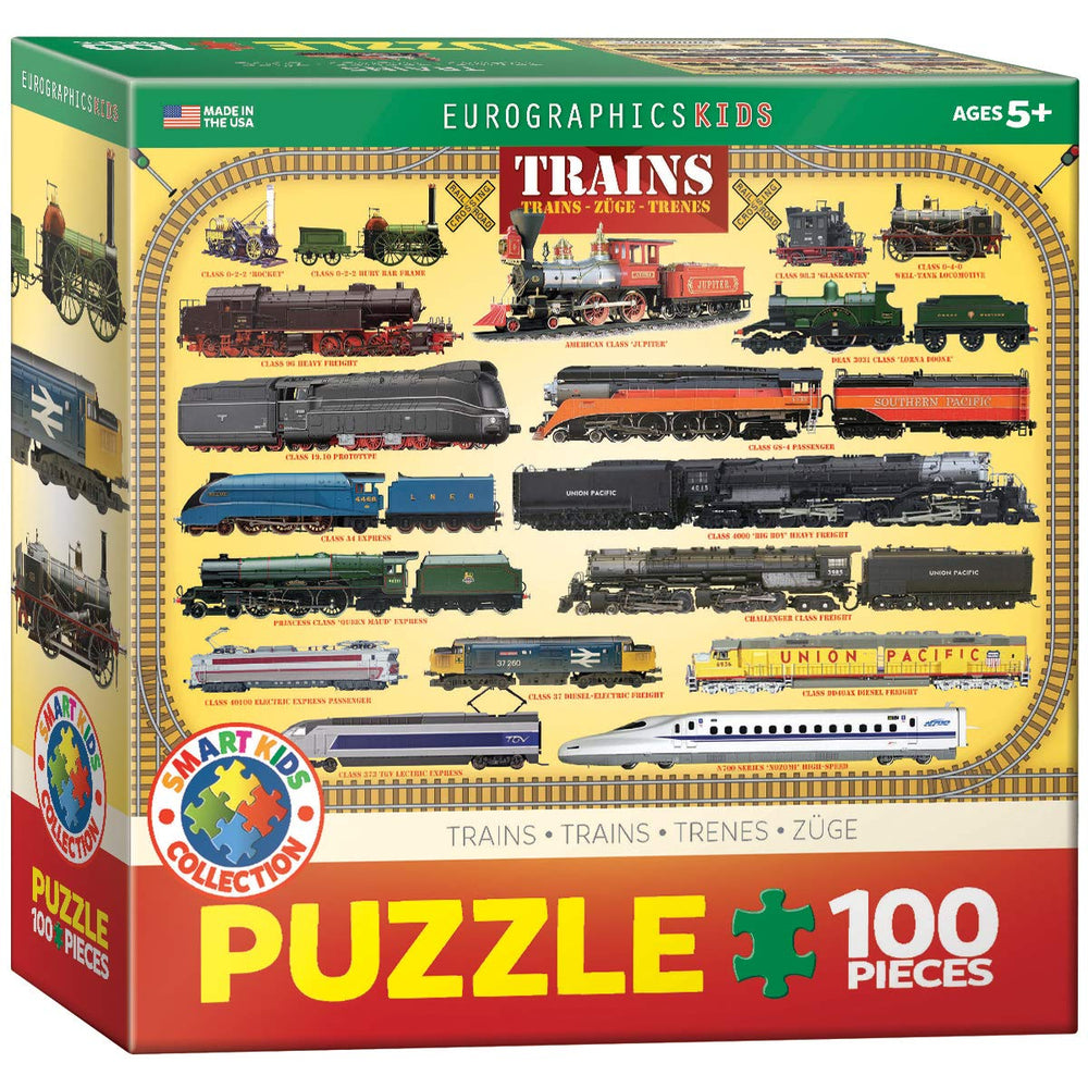 EuroGraphics Trains 100 Piece Puzzle box with locomotives, engaging family activity for all ages.