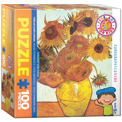 EuroGraphics Twelve Sunflowers box featuring Van Gogh art, perfect for family puzzle nights.
