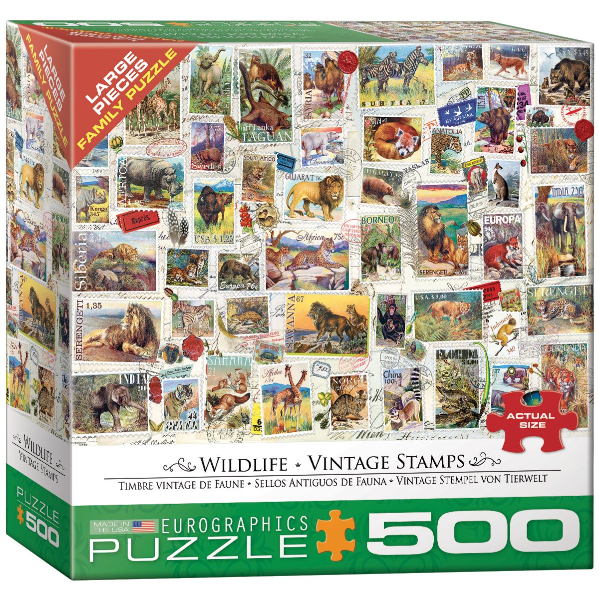 EuroGraphics Wildlife Vintage Stamps puzzle box, durable packaging for easy storage and display.