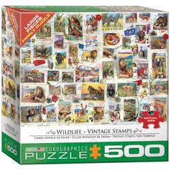 EuroGraphics Wildlife Vintage Stamps puzzle box, durable packaging for easy storage and display.