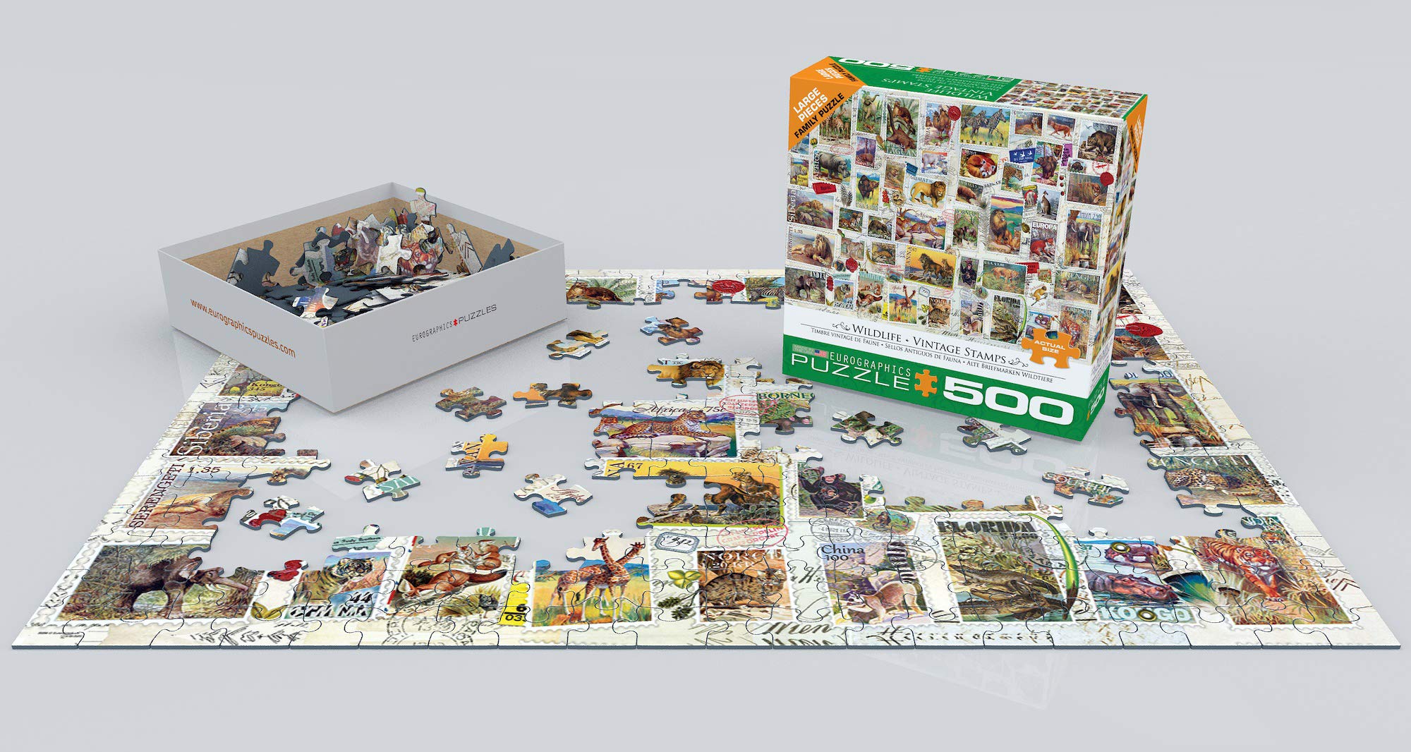 EuroGraphics Wildlife Vintage Stamps finished puzzle, vivid imagery for a satisfying completion.