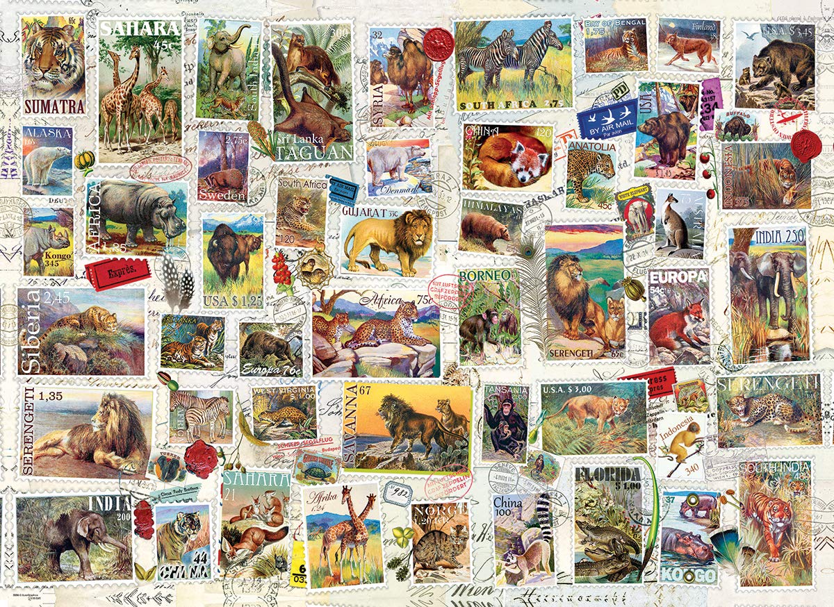 EuroGraphics Wildlife Vintage Stamps puzzle pieces, strong interlocking fit for smooth assembly.