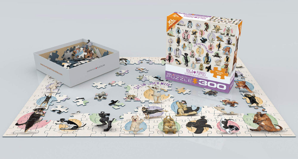 EuroGraphics Yoga Puppies finished puzzle — completed image for display or puzzle play.