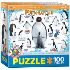 EuroGraphics penguins 100-piece puzzle box, durable pieces support easy assembly for family play.