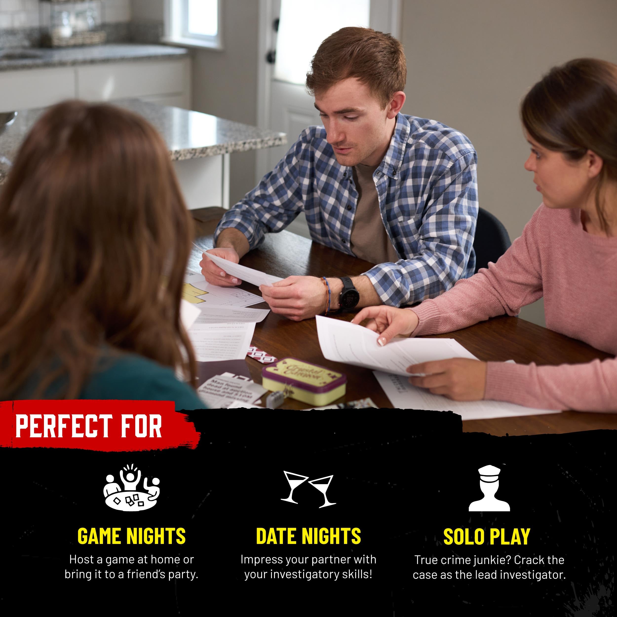 Evening game night with Hunt A Killer atmosphere and friends.