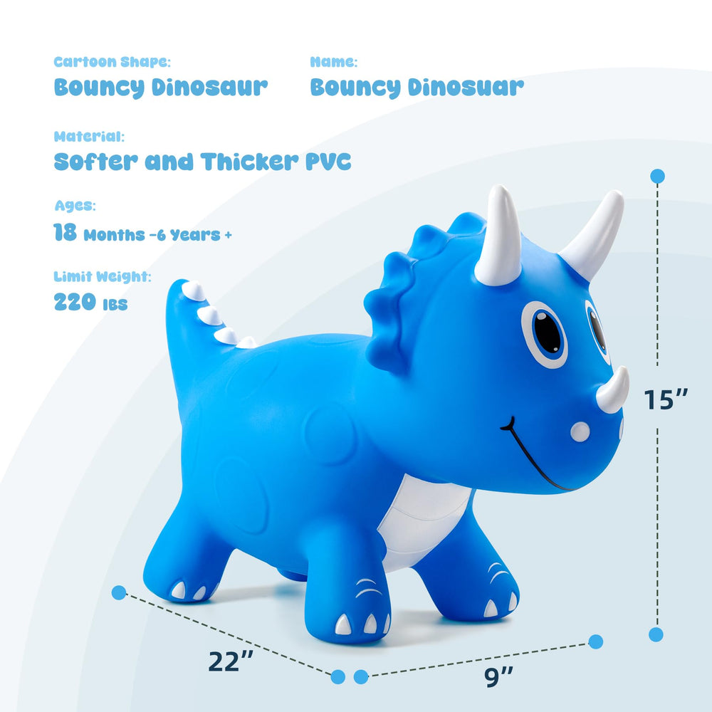 Everich Toy blue dino hopper side view supports outdoor activity.