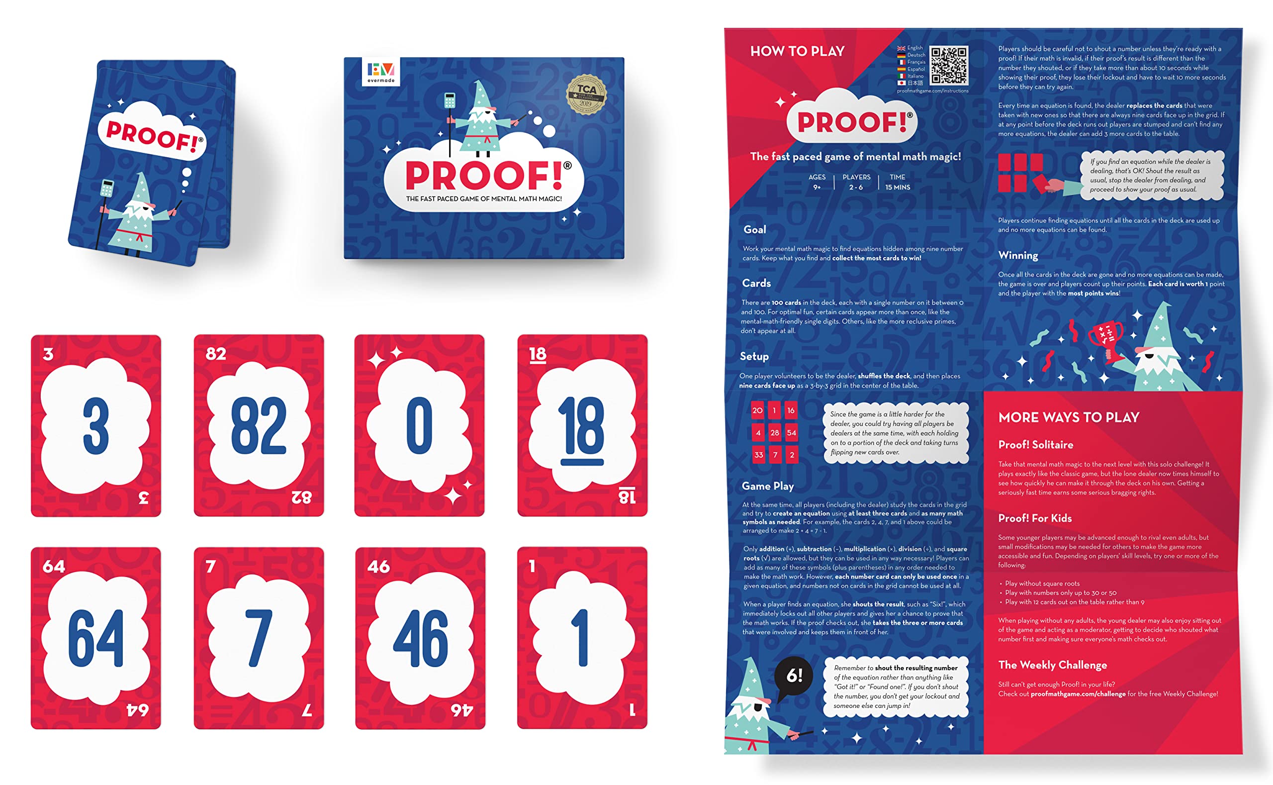 Evermade Proof! Math Game card deck closeup highlighting easy-to-use numbers for beginners.