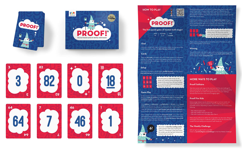 Evermade Proof! Math Game card deck closeup highlighting easy-to-use numbers for beginners.