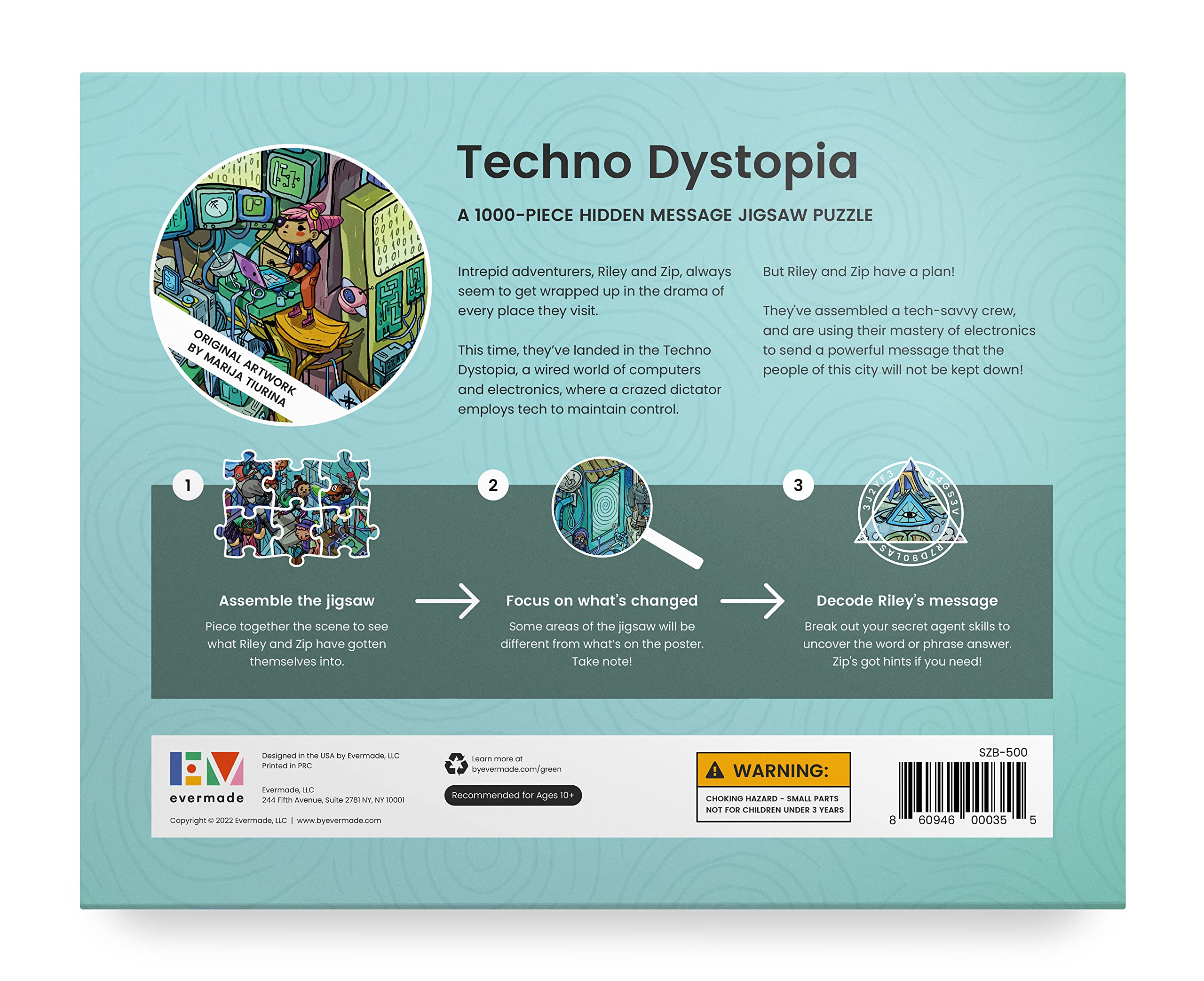 Evermade Techno Dystopia postcard clues hint at hidden message.