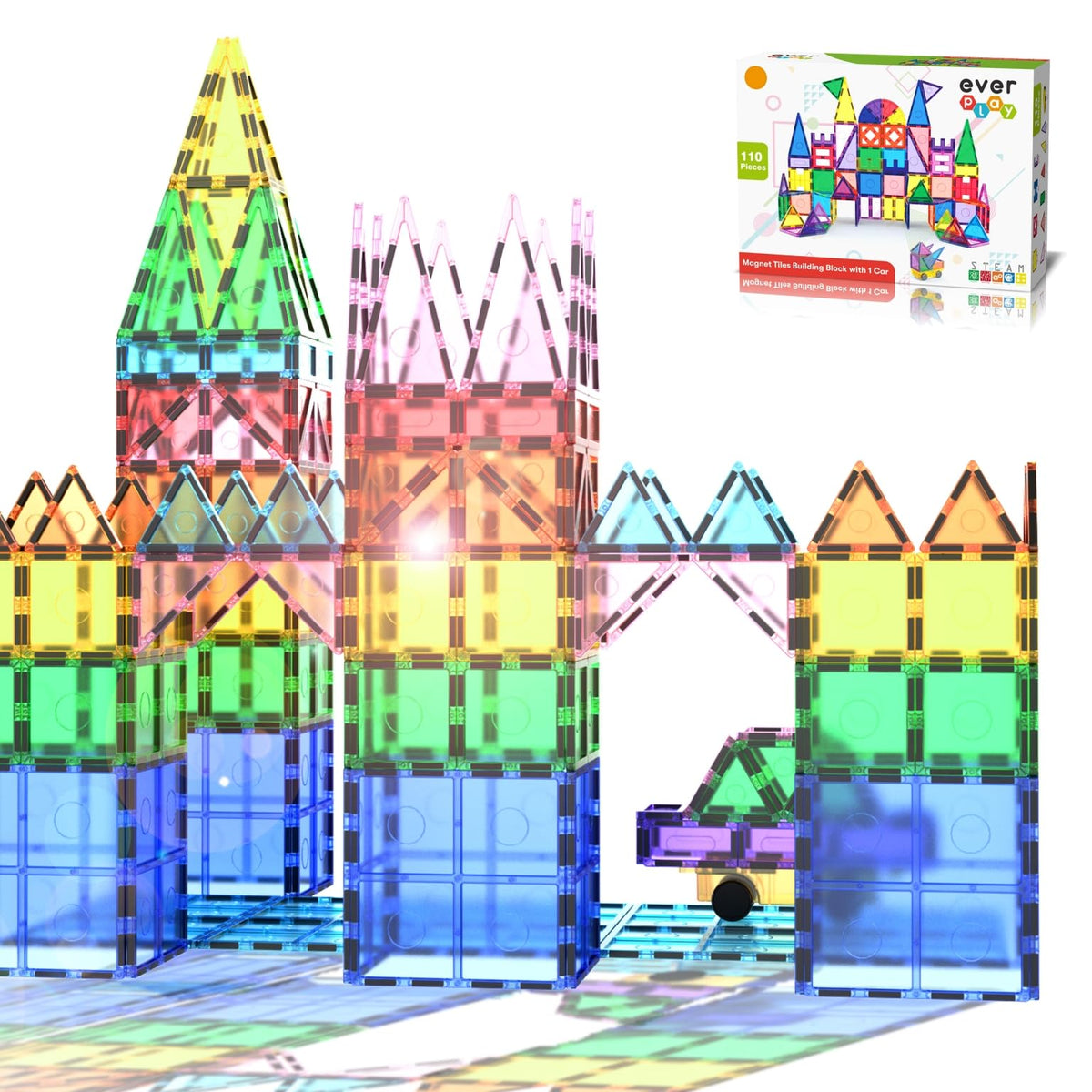 Everplay magnetic tiles 110-pc set boosts creativity and early geometry skills.