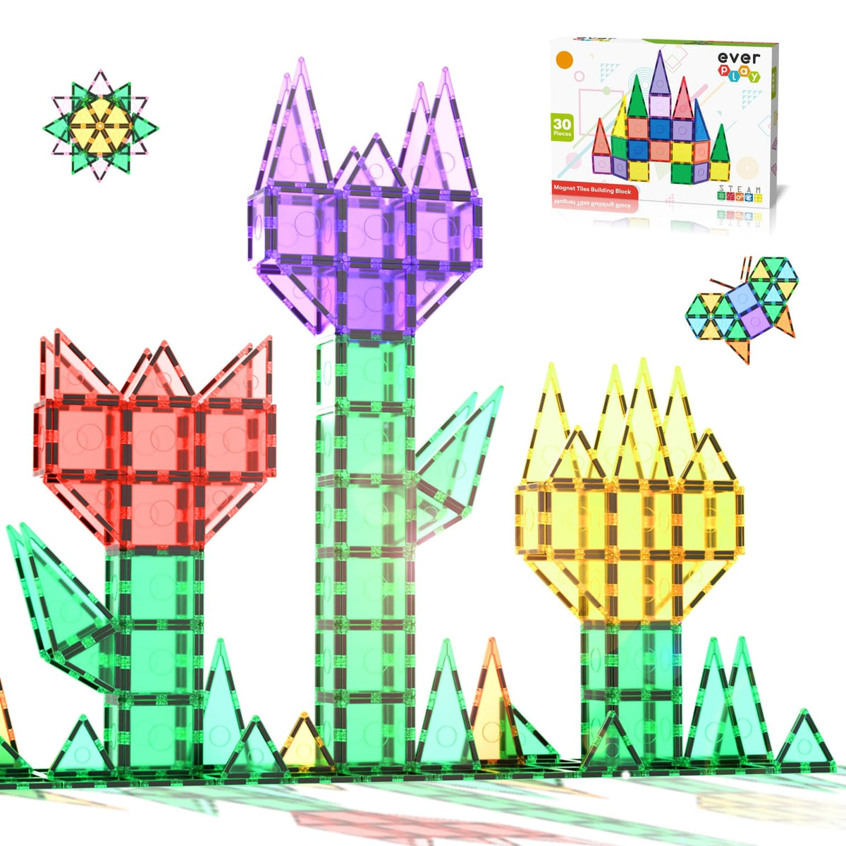 Everplay magnetic tiles colorfully arranged in shapes for imaginative building.