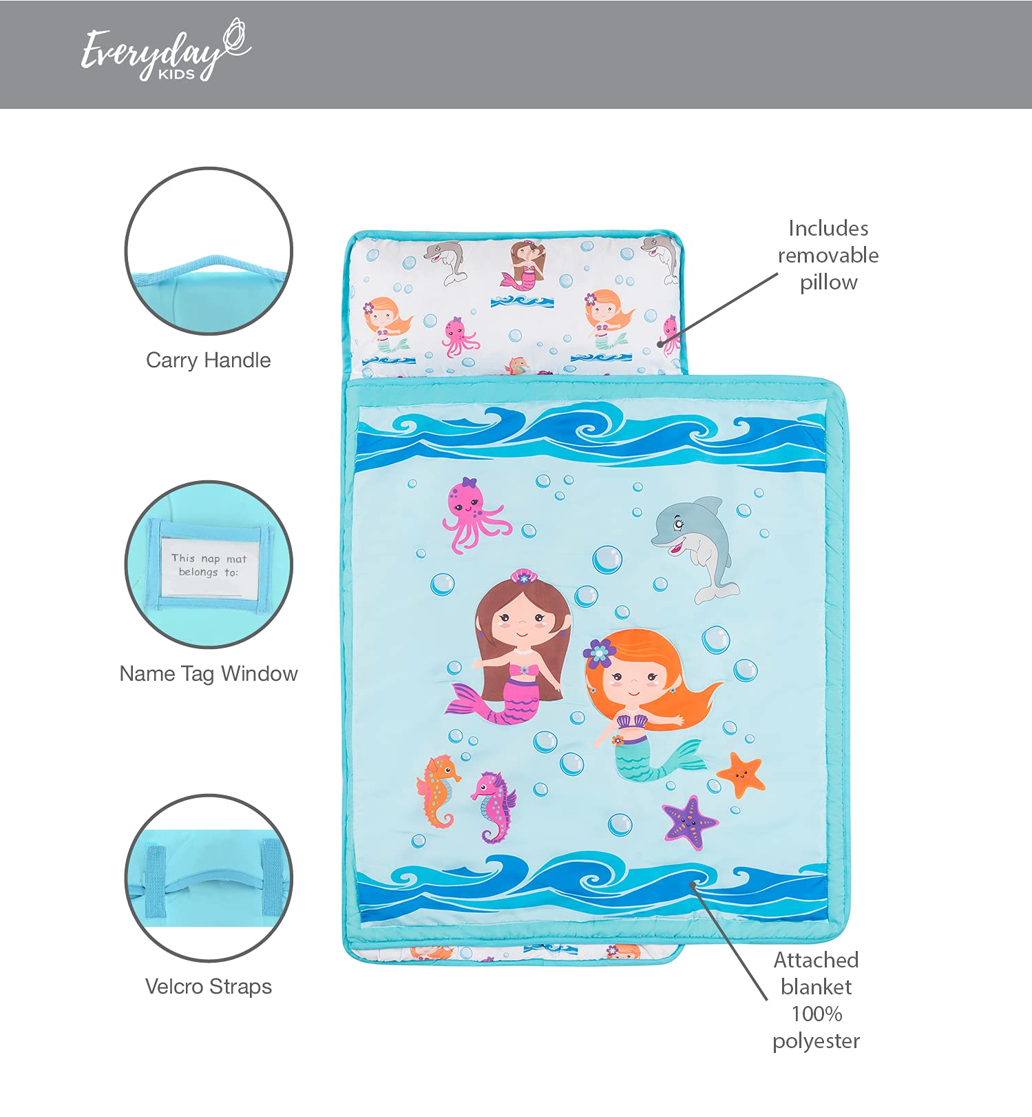 Everyday Kids Nap Mat care guide shows machine wash cold and tumble dry low.
