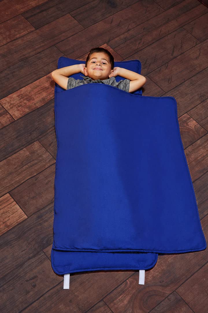 EVERYDAY KIDS Nap Mat Navy Rollup shows a cozy, travel-friendly design for preschool naps.