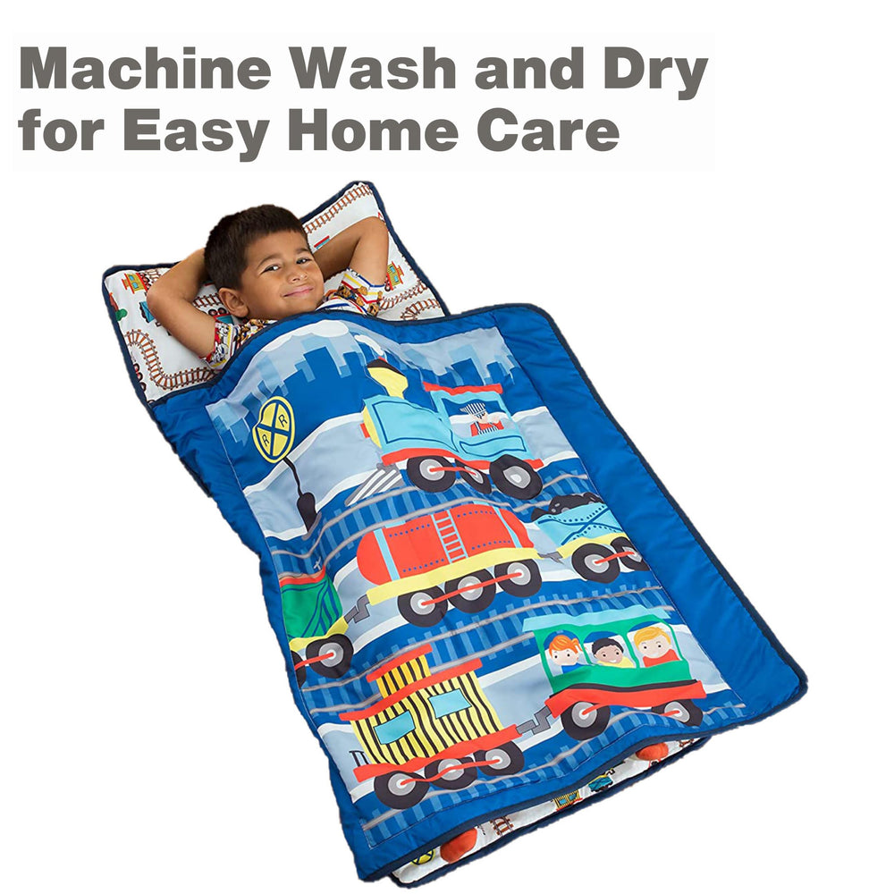 EVERYDAY KIDS nap mat measures 20x50 inches with a 31x40 inch blanket