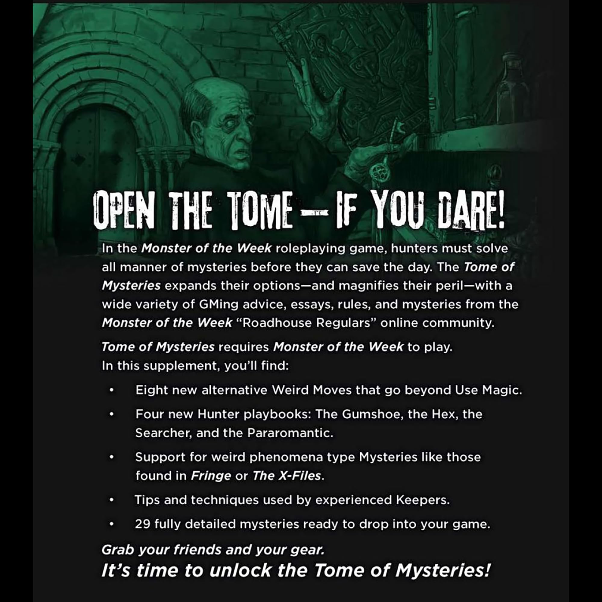 Tome of Mysteries spread with 29 mysteries ready for quick campaign drops.