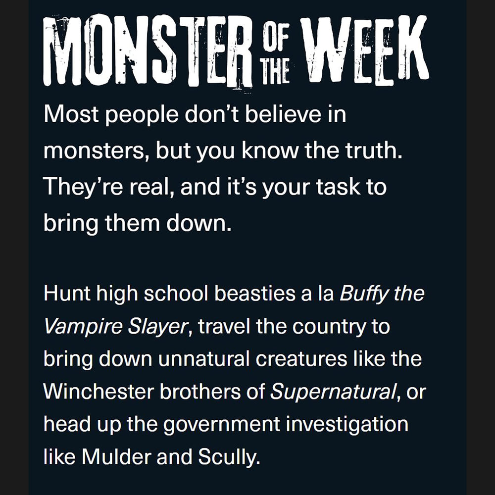 Evil Hat Productions Monster of the Week hardcover interior spreads streamline hunter creation and mystery planning.
