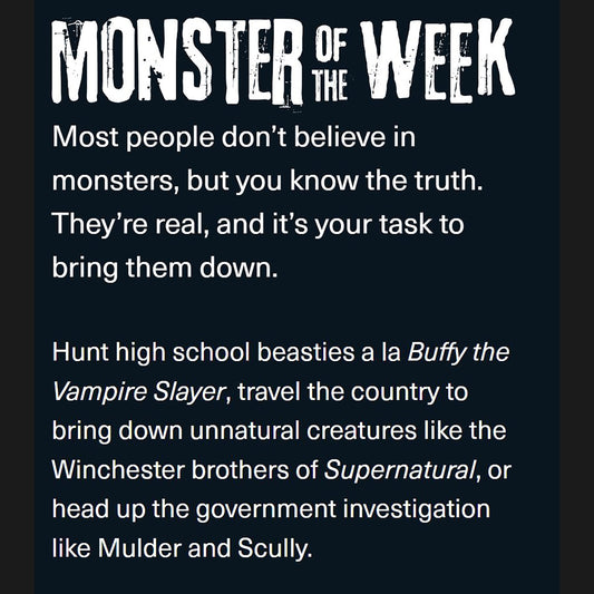 Evil Hat Productions Monster of the Week hardcover interior spreads streamline hunter creation and mystery planning.