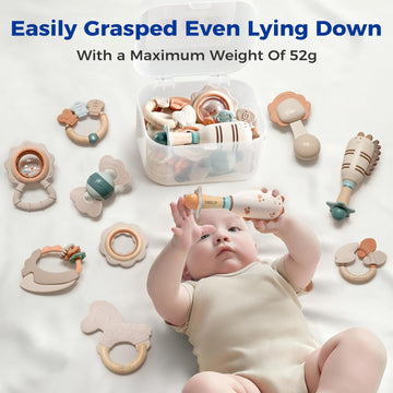 Evoceler teether with wood handle designed for tiny hands