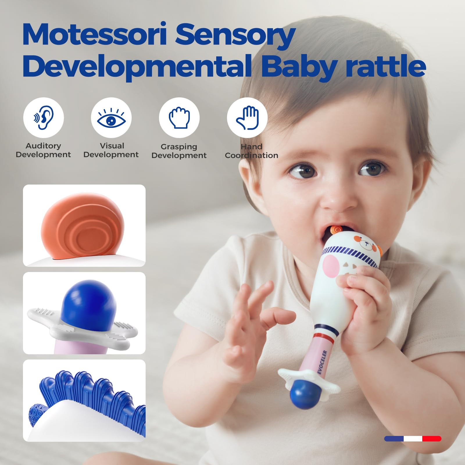 Evoceler silicone teether textures soothe gums during teething.